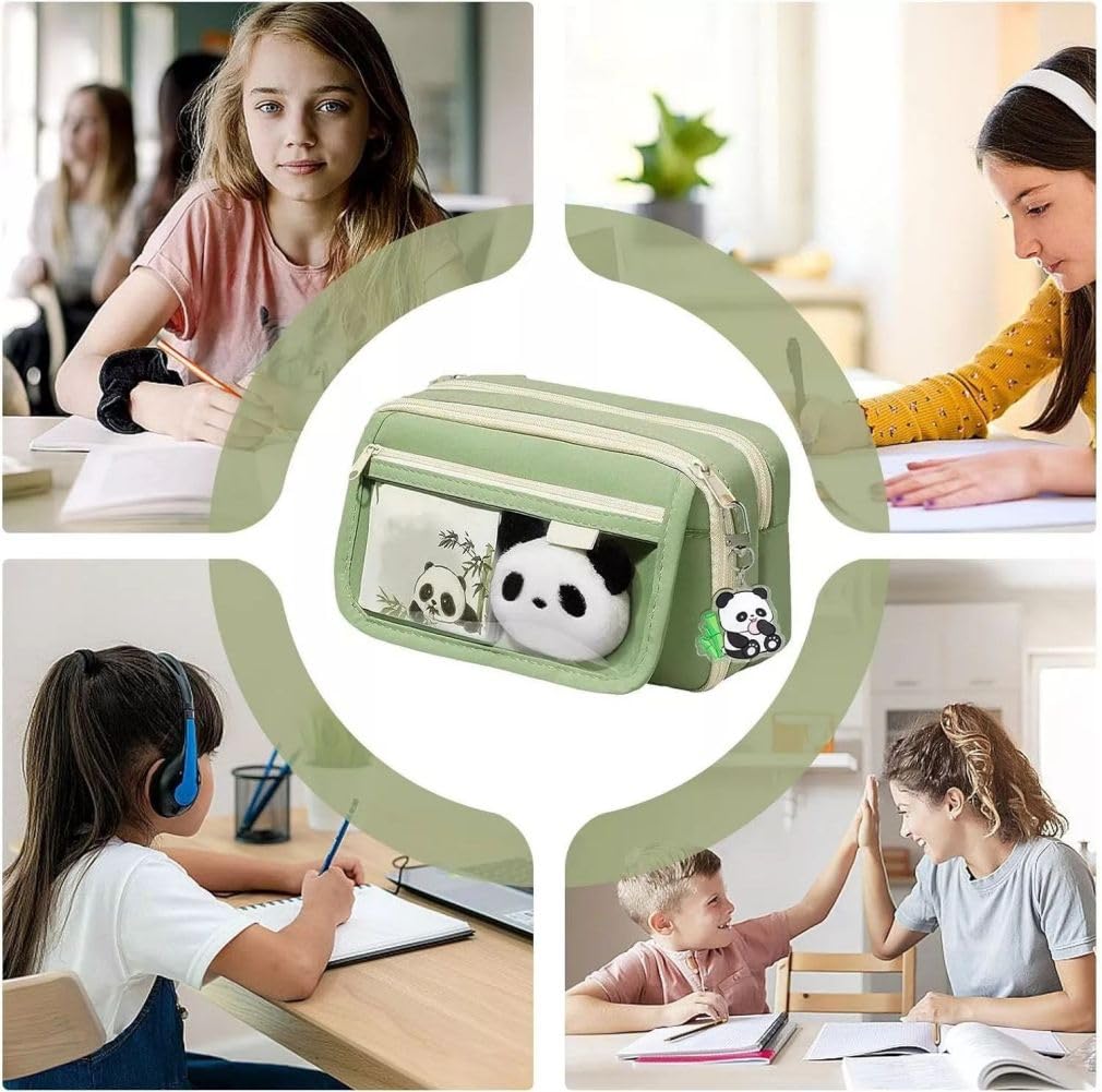 Cute Panda Pencil Case, Aesthetic Panda Bag Organizer with Compartment, Large Capacity Cute Pencil Case with Stickers Brooch Keychain, Pencil Pouch Stationery with Zipper (Green)