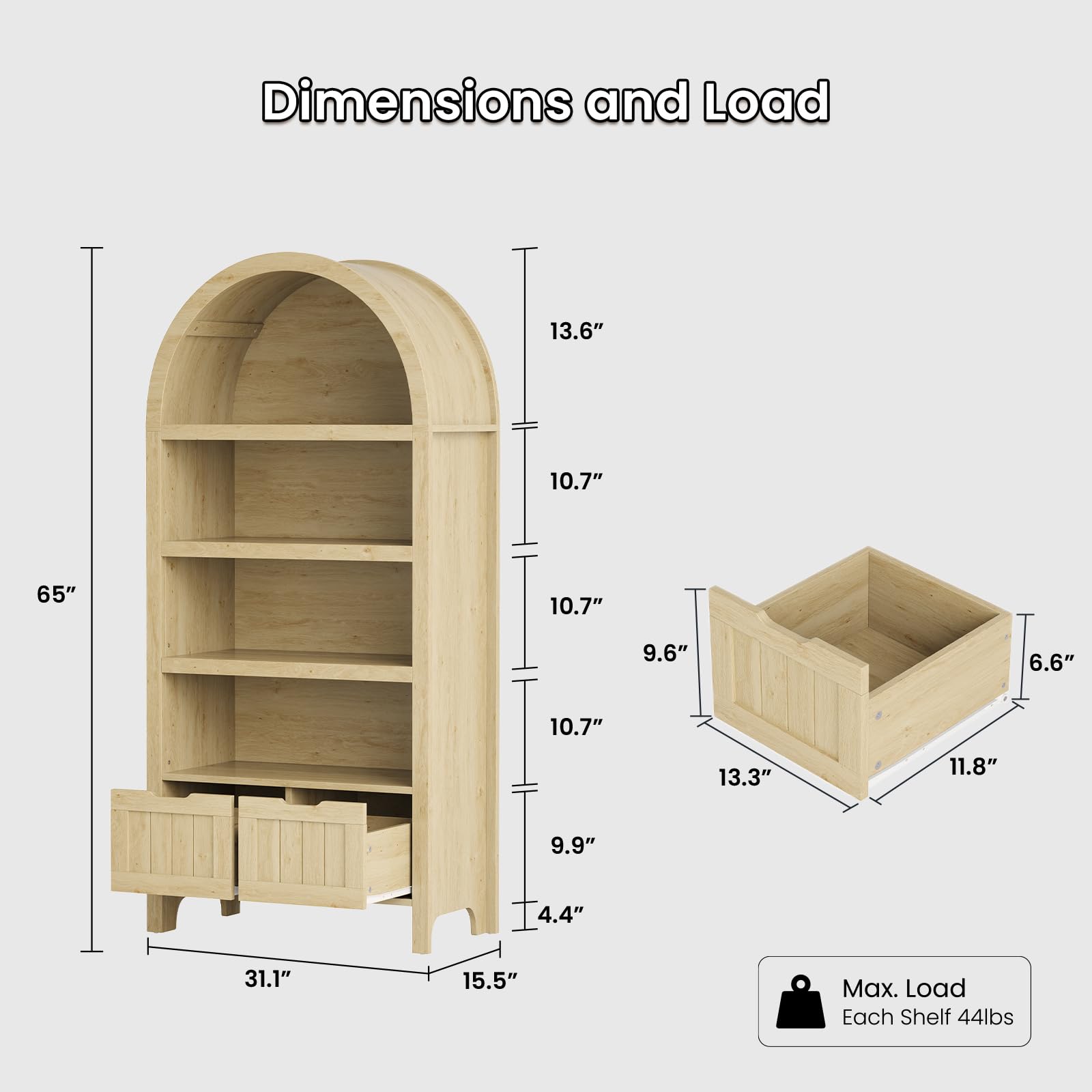 65" Tall Arched Cabinet, 4-Tier Arched Bookcase with 2 Drawers and Shelves, Arched Bookshelf with Storage, Kitchen Pantry Cabinet, Wooden Storage Cabinet for Kitchen,Living Room, Oak