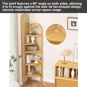 Miusocal 5-Tier Corner Shelf Stand, Corner Shelves Corner Display, Solid Wood Frame with Resin Rattan Weave, Fan-Shaped Corner Bookcase, Display Rack with Legs, Fits Tight Spaces(Natural)