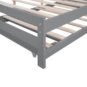 MERITLINE Full Size Bed Frame with Headboard,Wood Full Bed with Adjustable Trundle Bed, Extendable Bed Frame to 2 Beds for Kids Teens Adults (Full, Grey)