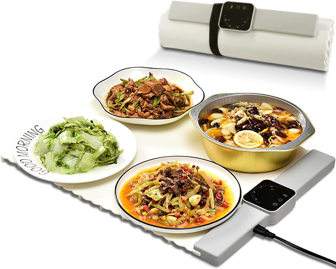 Electric Warming Tray for Food, Foldable Roll up Silicone Heating Mat for Parties Buffet with 5 Temperature Settings - Portable Food Warmers for Restaurants, Home Everyday Use