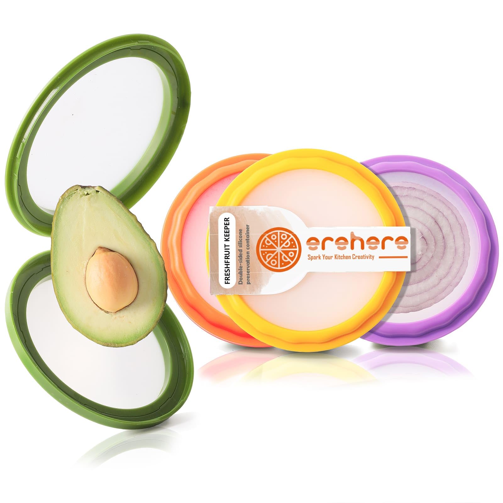 Erehere Avocado Saver and Onion Storage - 4-Piece Set Silicone Food Storage Containers, Multifunctional and Perfect for Lemons, Cheese, Tomatoes, Potatoes, Garlic