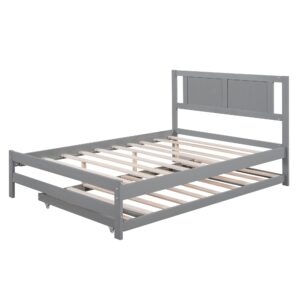 MERITLINE Full Size Bed Frame with Headboard,Wood Full Bed with Adjustable Trundle Bed, Extendable Bed Frame to 2 Beds for Kids Teens Adults (Full, Grey)