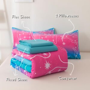 Podol 5 Pieces Gradient Cat Glitter Bedding Set for Girl Pink Blue Ombre Comforter Set Full Size Ultra Soft Bed in A Bag with 1 Comforter, 2 Pillowcases, 1 Flat Sheet, 1 Fitted Sheet