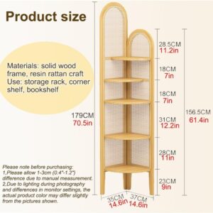 Miusocal 5-Tier Corner Shelf Stand, Corner Shelves Corner Display, Solid Wood Frame with Resin Rattan Weave, Fan-Shaped Corner Bookcase, Display Rack with Legs, Fits Tight Spaces(Natural)