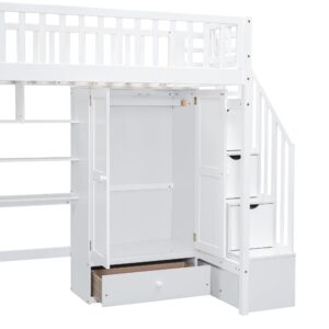 Bellemave Twin Size Loft Bed with Desk, Multifunctional Loft Beds Twin with Bookshelf,Stairs, Wardrobe and Drawer for Kids Boys Girls Bedroom, Solid Wood Loft Bed Frame with Storage,White