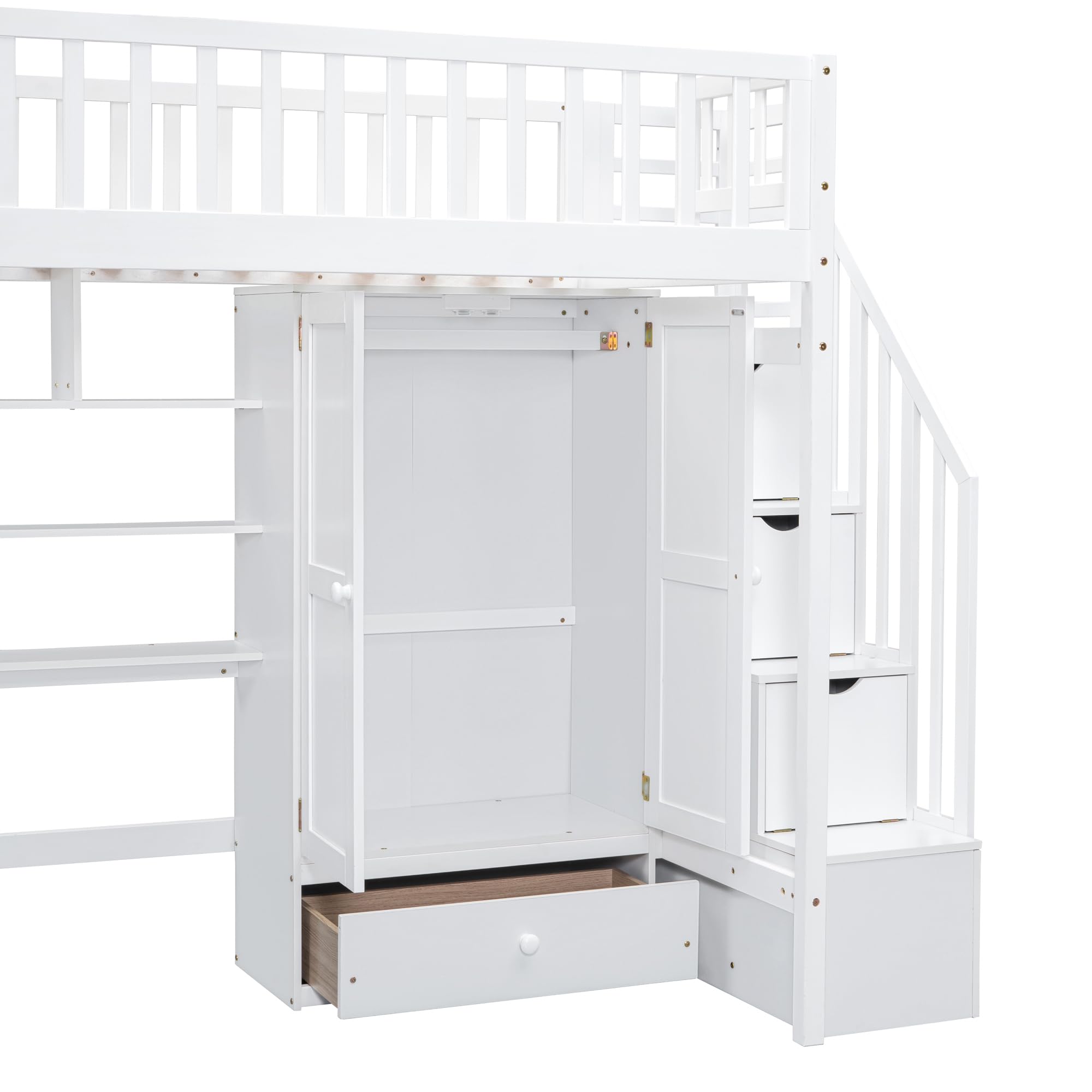 Bellemave Twin Size Loft Bed with Desk, Multifunctional Loft Beds Twin with Bookshelf,Stairs, Wardrobe and Drawer for Kids Boys Girls Bedroom, Solid Wood Loft Bed Frame with Storage,White