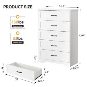 coucheta 5 Drawers Dresser, Chest of Drawer with Metal Handle, Modern Dresser with Large Storage Space, Farmhouse Wood Dresser for Bedroom, Living Room, Hallway, White