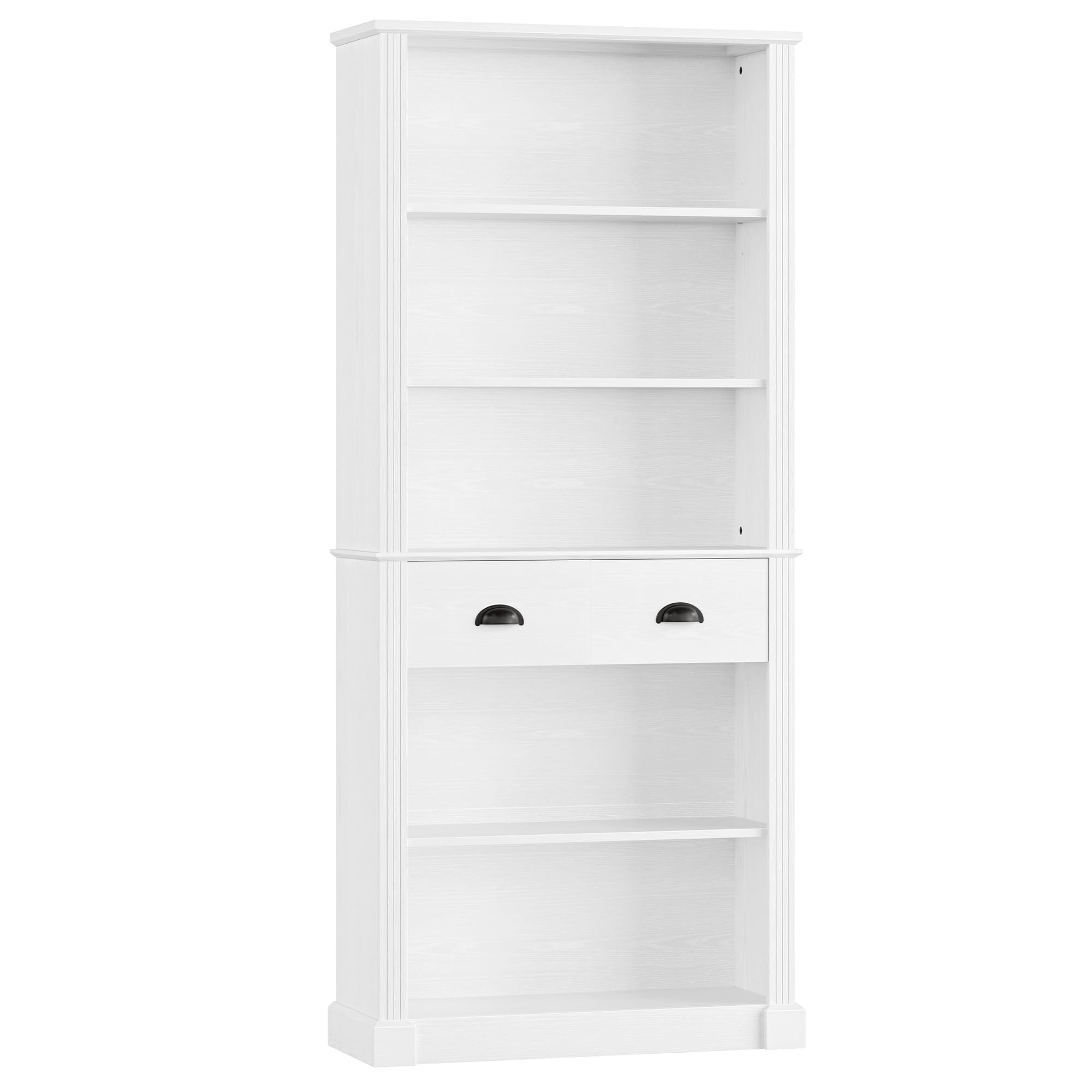 FACBOTALL 5-Tier Bookcase, Book Shelf with 2 Drawers, Tall Bookcase with Shelves, Vintage Display Storage Shelves, Bookshelves for Bedroom, Living Room and Home Office White