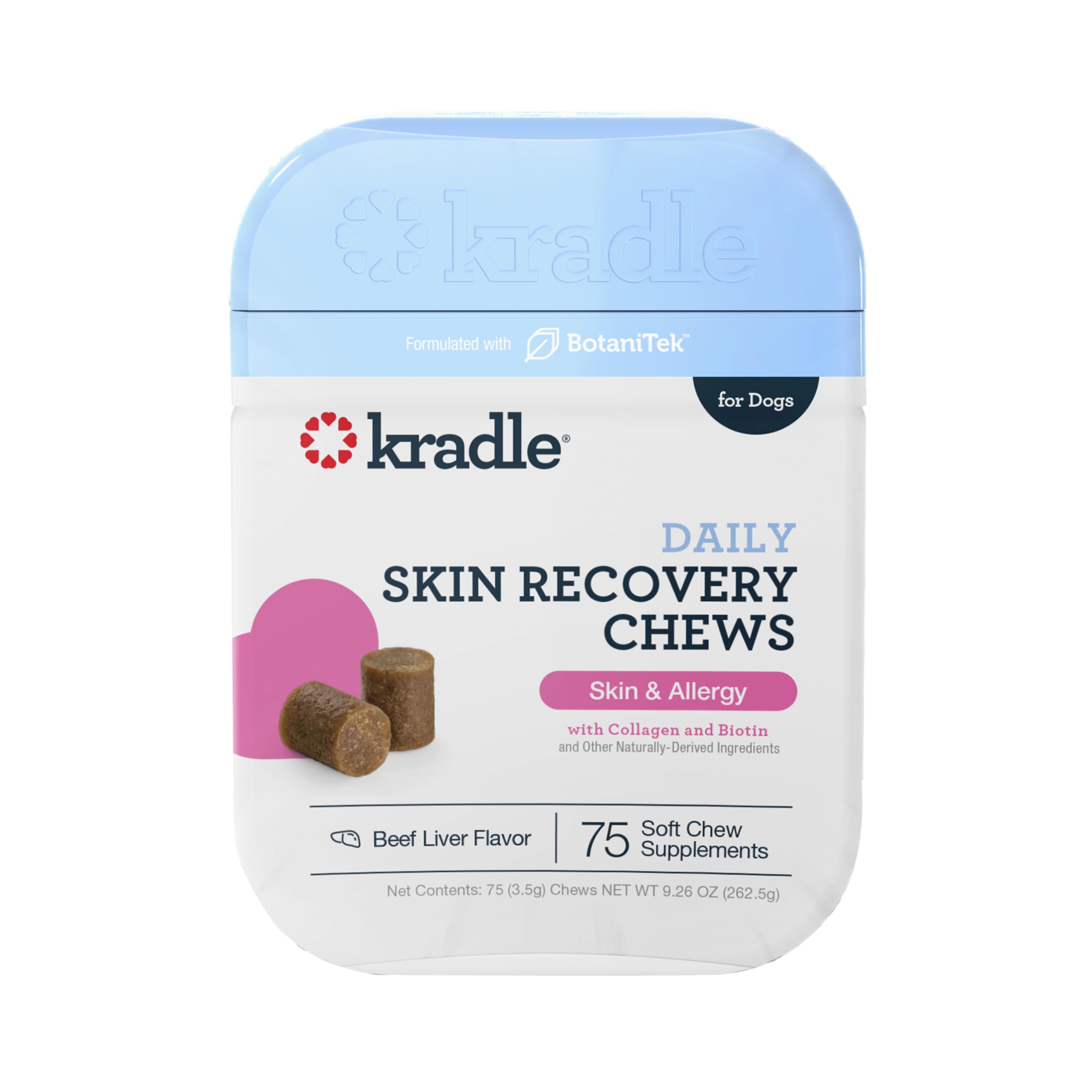 Kradle Daily Skin Recovery Chews - Skin Health Chews & Seasonal Allergy Support for Dogs - Soft Chews with Soothing Ingredients - for All Dog Breed & Sizes - 75 Count Jar