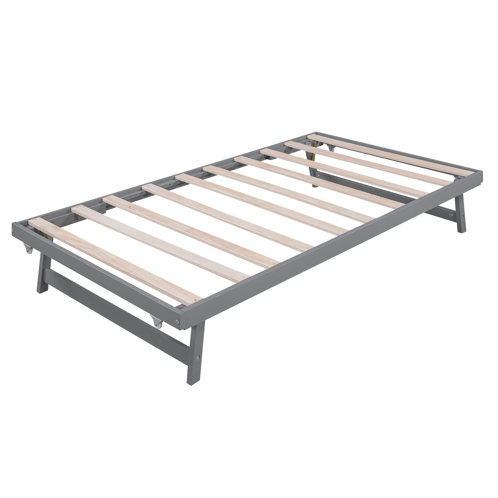 MERITLINE Full Size Bed Frame with Headboard,Wood Full Bed with Adjustable Trundle Bed, Extendable Bed Frame to 2 Beds for Kids Teens Adults (Full, Grey)