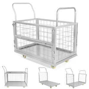 platform truck cart with cage,5in1 multi-functional cage cart,heavy duty flatbed cart load 2500lbs,40"×24" push cart for laundry,grocery, storage