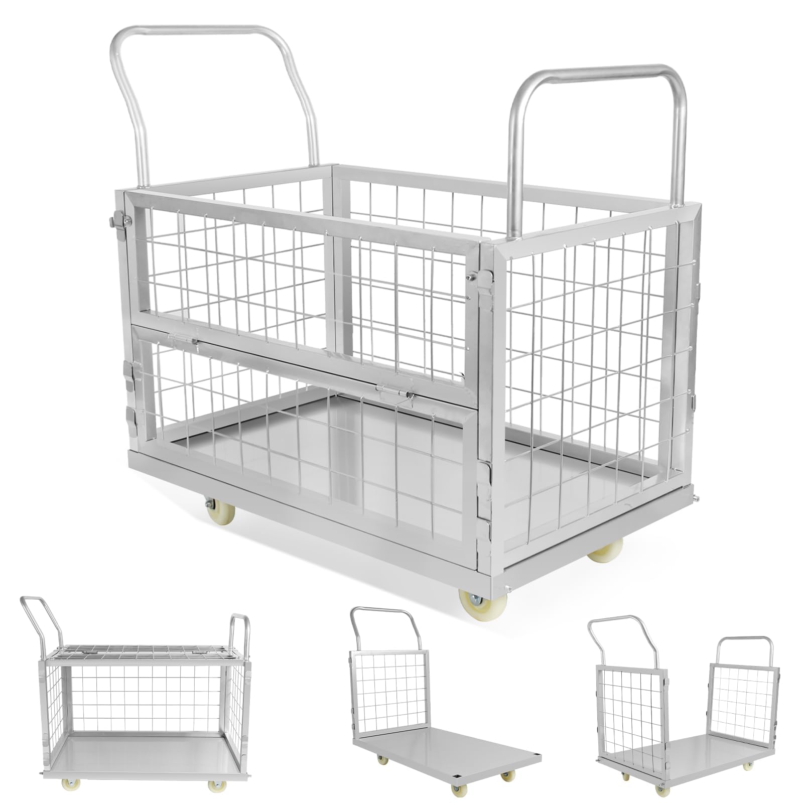 Platform Truck Cart with Cage,5IN1 Multi-Functional Cage Cart,Heavy Duty Flatbed Cart Load 2500LBS,40"×24" Push Cart for Laundry,Grocery, Storage