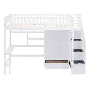 Bellemave Twin Size Loft Bed with Desk, Multifunctional Loft Beds Twin with Bookshelf,Stairs, Wardrobe and Drawer for Kids Boys Girls Bedroom, Solid Wood Loft Bed Frame with Storage,White