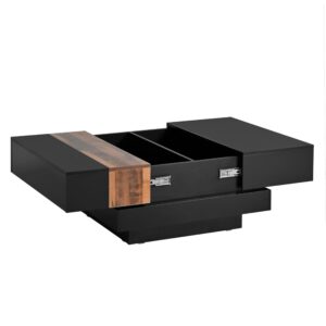 Bellemave Square Coffee Table High Gloss Center Table with Sliding Tabletop, Multi-Storage Sofa Table Extendable Cocktail Table with Hidden Storage Compartment for Living Room (Black)