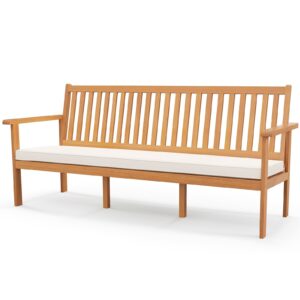 relax4life 64’’ outdoor bench acacia wood - 3-person patio bench w/slatted backrest, armrests & removable seat cushion, wooden front porch garden bench for poolside balcony backyard, 1200 lbs capacity