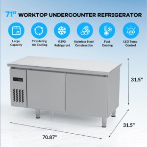 GarveeTech Commercial Refrigerator Worktop Undercounter Refrigerator, 71" Worktop Freezer, 2 Door Stainless Stee Counter Fan Cooling Refrigerator, 15 cu. ft. for Restaurant, Bar, Store