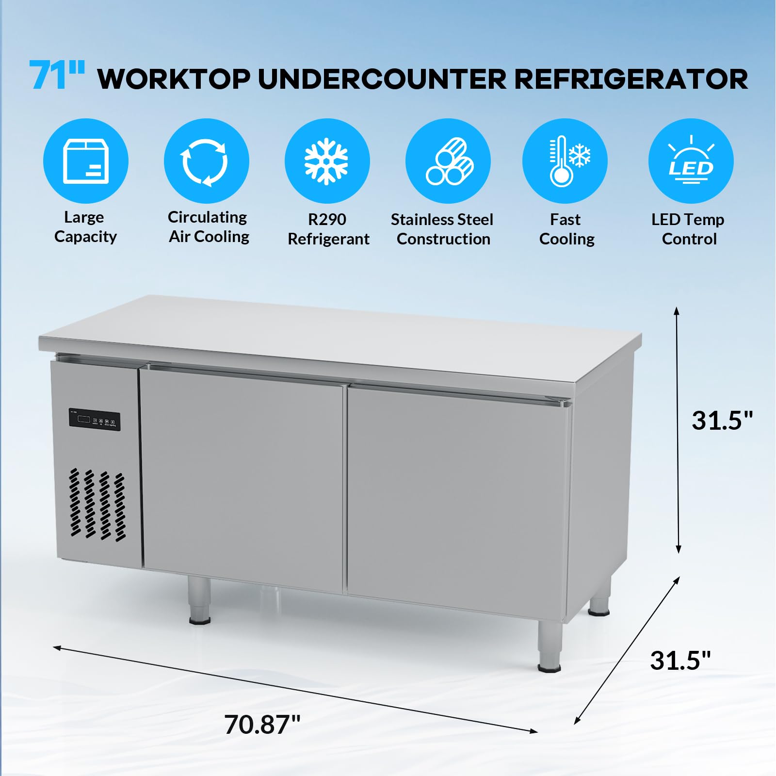 GarveeTech Commercial Refrigerator Worktop Undercounter Refrigerator, 71" Worktop Freezer, 2 Door Stainless Stee Counter Fan Cooling Refrigerator, 15 cu. ft. for Restaurant, Bar, Store