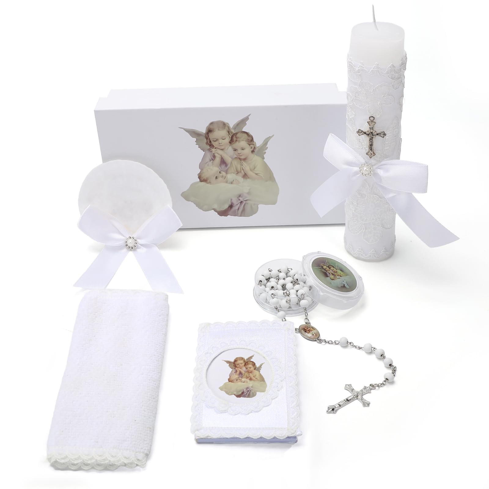 Baptism Candle Set for Boys and Girls,5 PCS Baptism Kit Catholic Candle,Baptism Towel,Shell,Rosary,Bible for Baby Dedication Christening Gift,Velas para Primera Comunión De Niño Bautizo De Niña