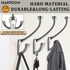 HARPOON 2 Pack Heavy Duty Three Flared Prongs Coat Hooks, Wall Mounted with 6 Screws, Retro Tri-Hook, Utility Hooks for Scarf, Bag, Towel, Key, Cap, Cup, Hat Satin Nickel