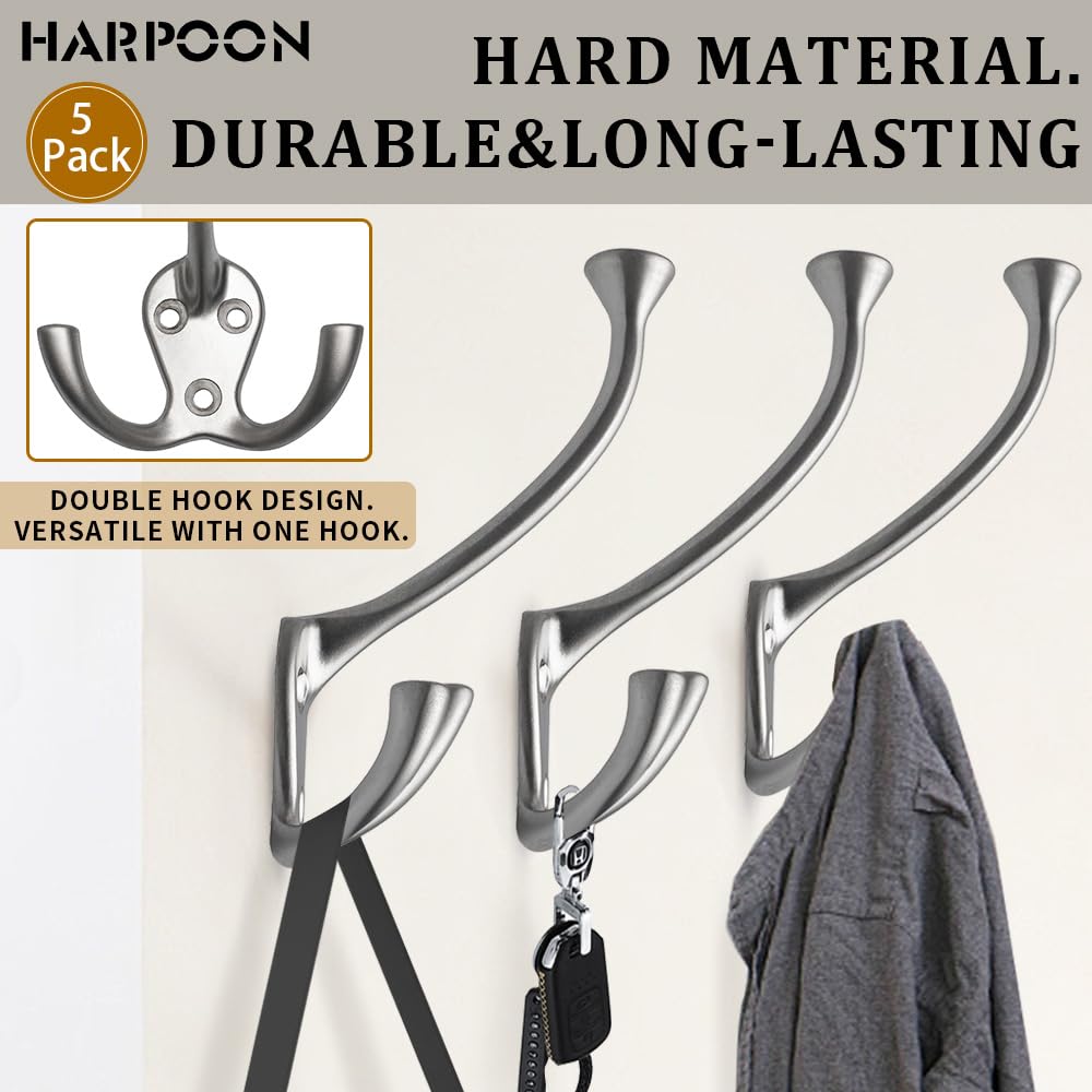 HARPOON 2 Pack Heavy Duty Three Flared Prongs Coat Hooks, Wall Mounted with 6 Screws, Retro Tri-Hook, Utility Hooks for Scarf, Bag, Towel, Key, Cap, Cup, Hat Satin Nickel