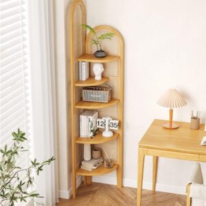 Miusocal 5-Tier Corner Shelf Stand, Corner Shelves Corner Display, Solid Wood Frame with Resin Rattan Weave, Fan-Shaped Corner Bookcase, Display Rack with Legs, Fits Tight Spaces(Natural)