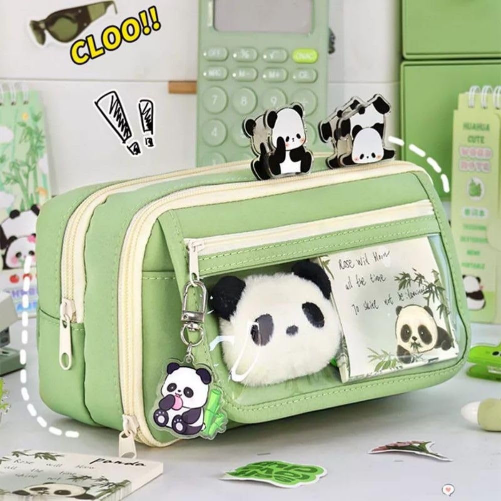 Cute Panda Pencil Case, Aesthetic Panda Bag Organizer with Compartment, Large Capacity Cute Pencil Case with Stickers Brooch Keychain, Pencil Pouch Stationery with Zipper (Green)