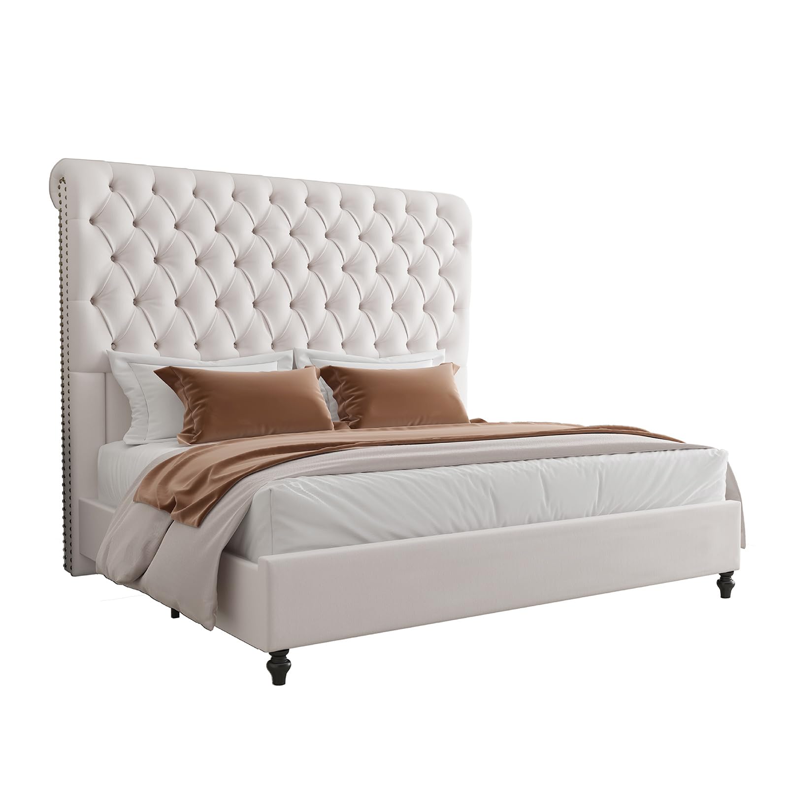 AMERLIFE Queen Size Bed Frame 60" Tall Sleigh Headboard Bed with Velvet Upholstered Platform, No Box Spring Needed, Cream