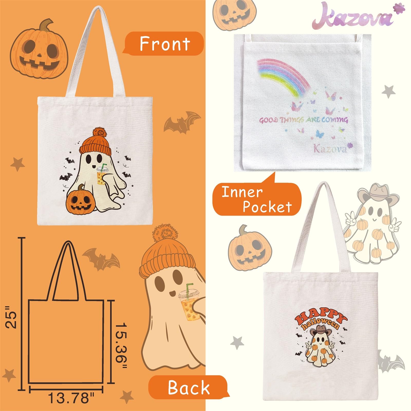 Kazova Halloween Canvas Tote Bag Aesthetic Cute Ghost Tote Bag Funny Cotton Canvas Tote Bag Halloween Shoulder Bag For Women Reusable Grocery Bag Shopping Beach Bag