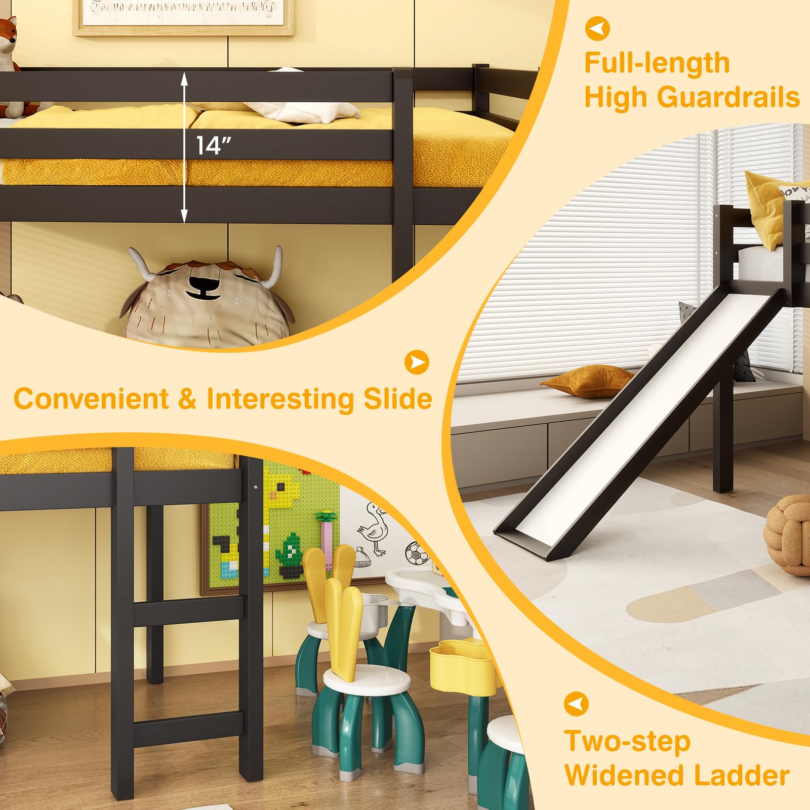 IFANNY Loft Bed with Slide, Solid Wood Low Loft Bed Twin Size with Storage and Ladder, Wooden Bedframe with Safety Guardrails, Twin Loft Bed for Kids Boys Girls Teens, No Box Spring Needed (Espresso)