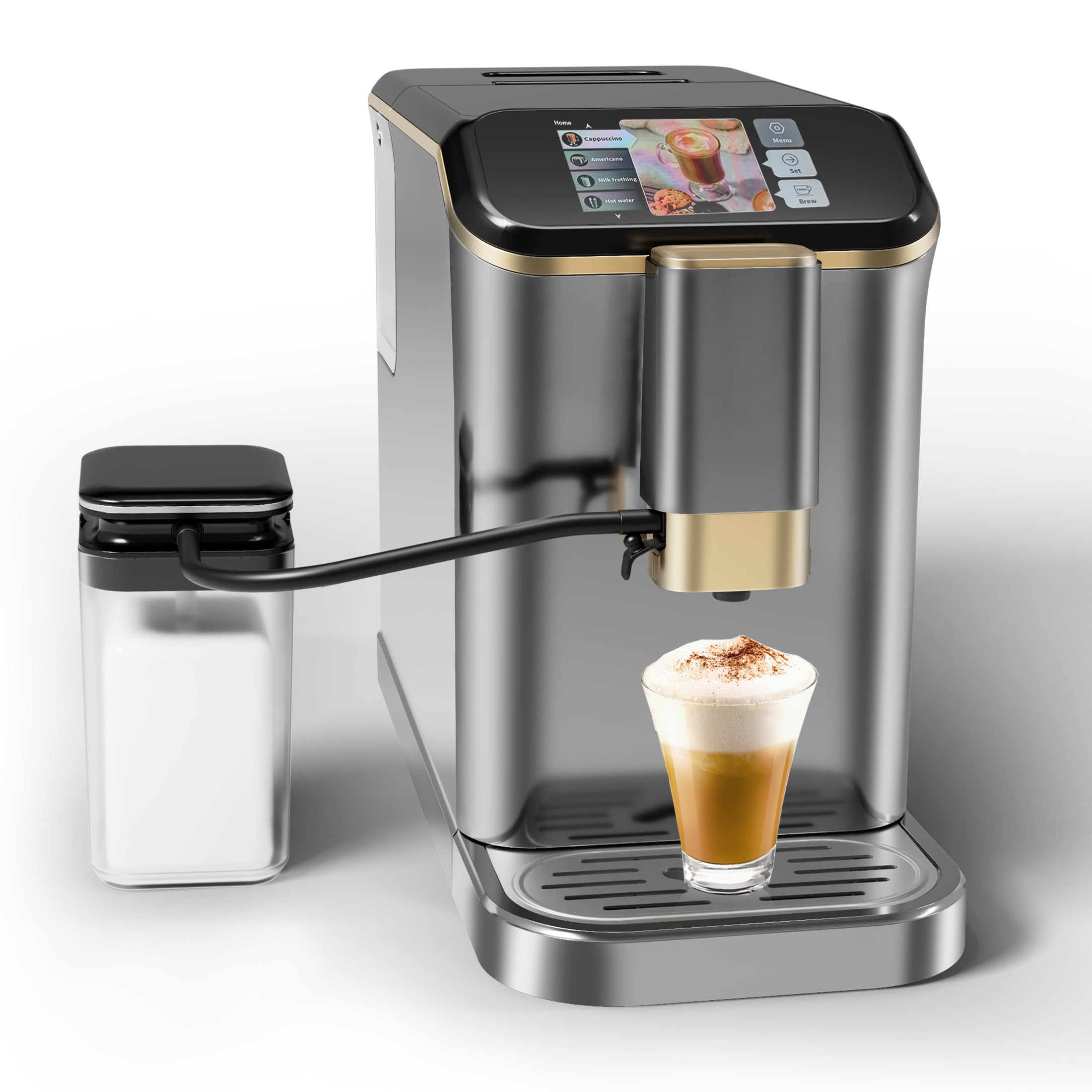 Super Automatic Espresso Machine, 20 Bar Built-In Burr Grinder & Milk Frother, Milk Container and Intuitive Touch Display, Bean-to-Cup Coffee Maker for Espresso, Cappuccino, Latte, Iced Coffee