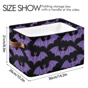 Storage Basket Halloween Purple Bat Canvas Collapsible Box Organizer Bin with Handles