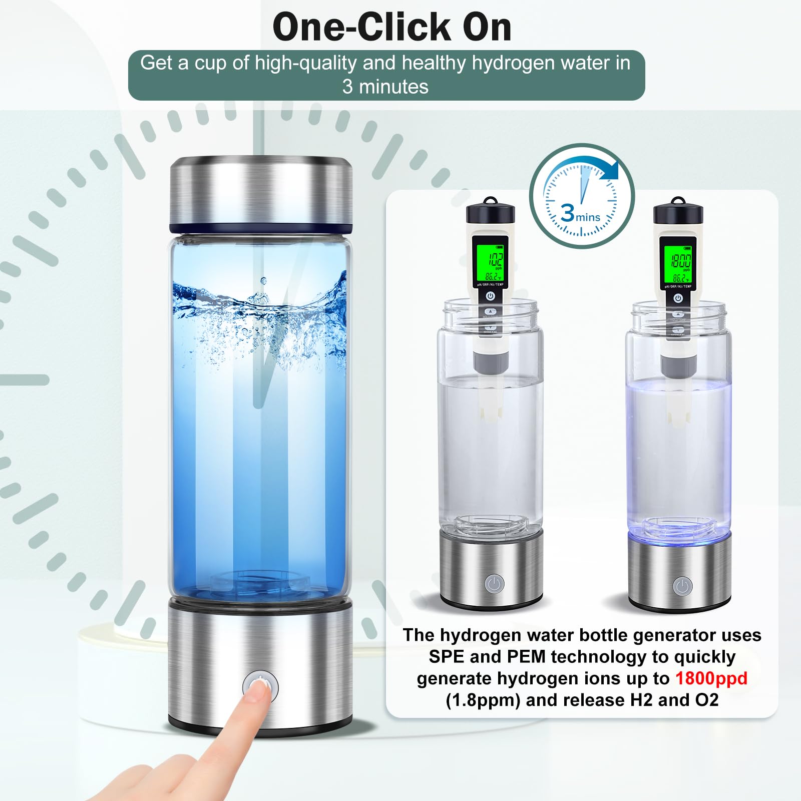 Hydrogen Water Bottle, 2024 Portable Hydrogen Water Generator with Advanced SPE PEM Technology, High-Efficiency Water Ionizer for Office, Travel, Fitness & Everyday Hydration, 420ml