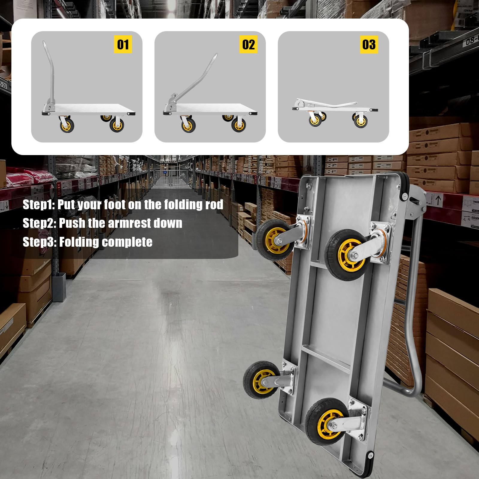 Platform Truck, 1800lb Capacity Heavy Duty Foldable Push Cart, 36 x 24in Flatbed with 6" Swivel Wheels, Platform Truck Hand Cart for Industry, SuperMall (M)