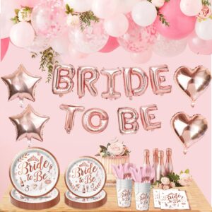 Bridal Shower Decorations - Rose Gold Bachelorette Party Decorations Set with Plates, Napkins, Cups, Cutlery, Bride to Be, Star, Heart Foil Balloons for Bridal Shower Decor, Serve 25