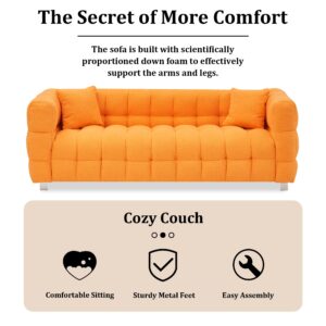 Dolonm Modern Sofa Couch with Metal Legs Upholstered Tufted 3 Seater Couch with 2 Pillows Decor Furniture for Living Room, Bedroom, Office, 80 Inch Wide(Orange-Teddy)