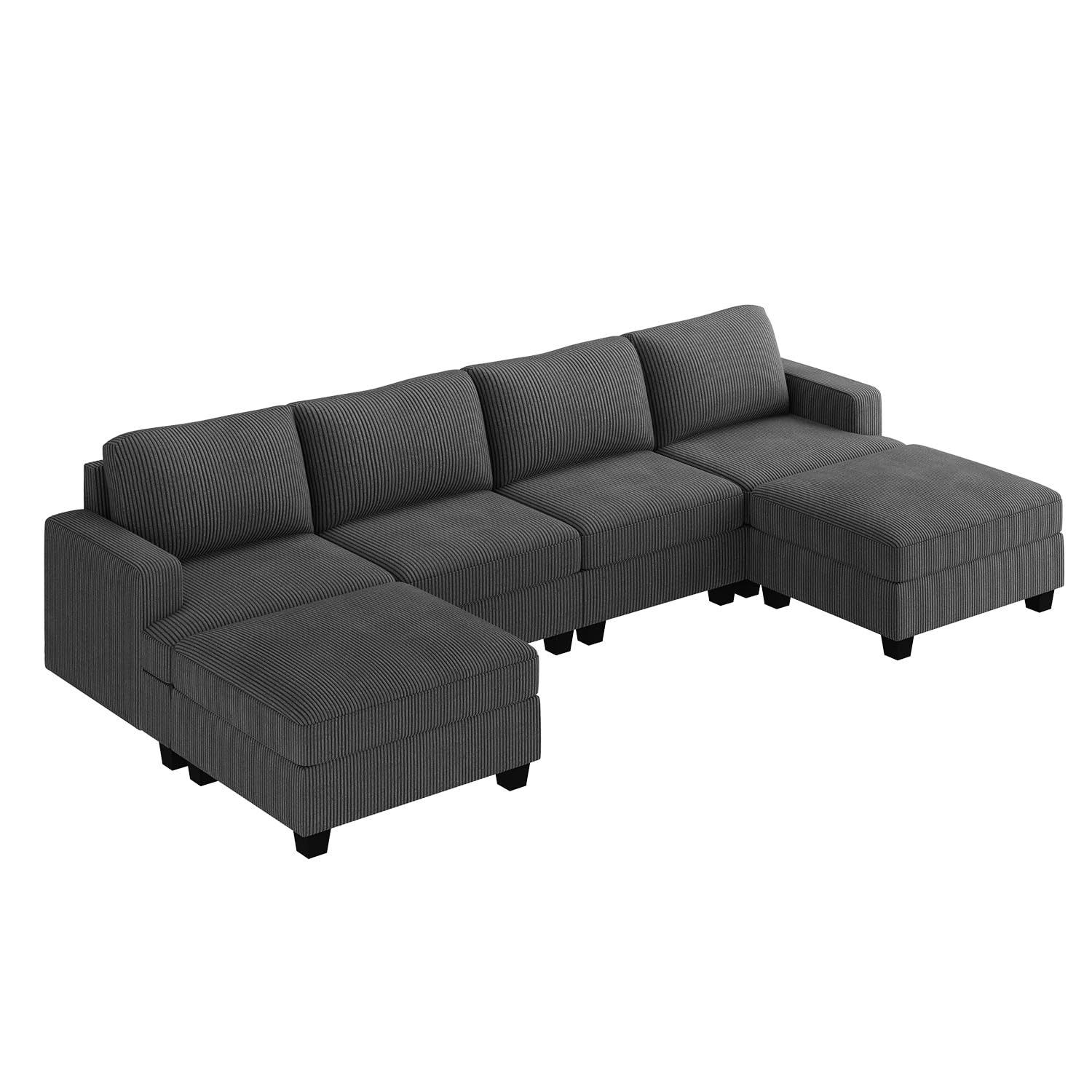 Nolany Corduroy Sectional Couch with Storage Ottoman, U Shape Sectional Sofa with Storage Chaise, Modular Sectional Couches for Living Room, Dark Grey