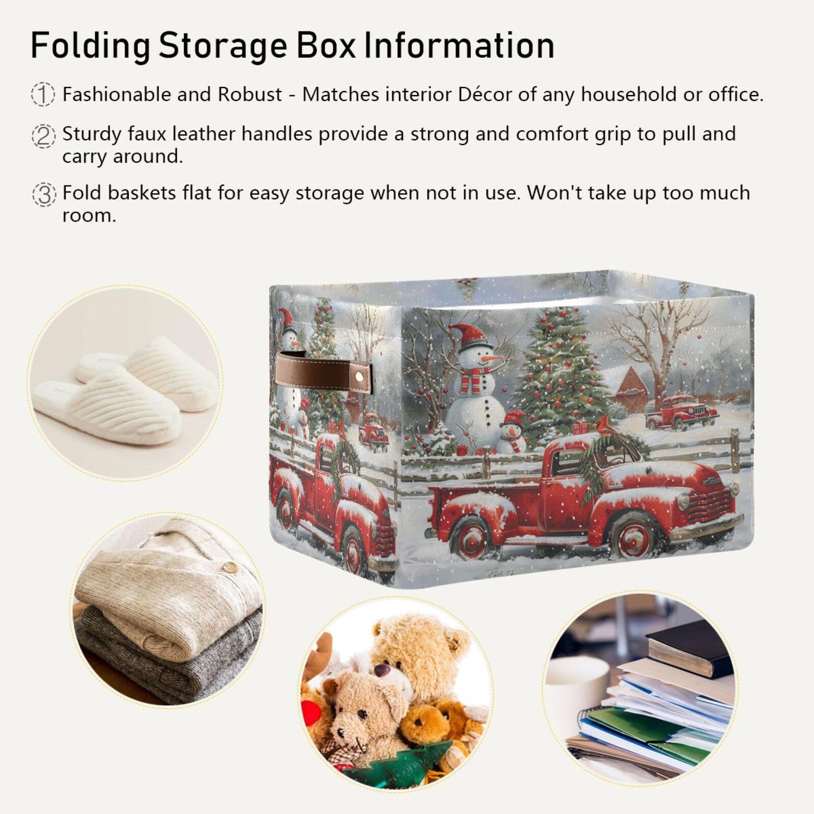 Christmas Red Truck Snowman Storage Basket Decorative Winter Xmas Tree Bell Fabric Basket Bins Foldable Shelf Closet Bin Storage Box Cube with Handle Organizer Basket for Kids Toys Clothes Bedroom