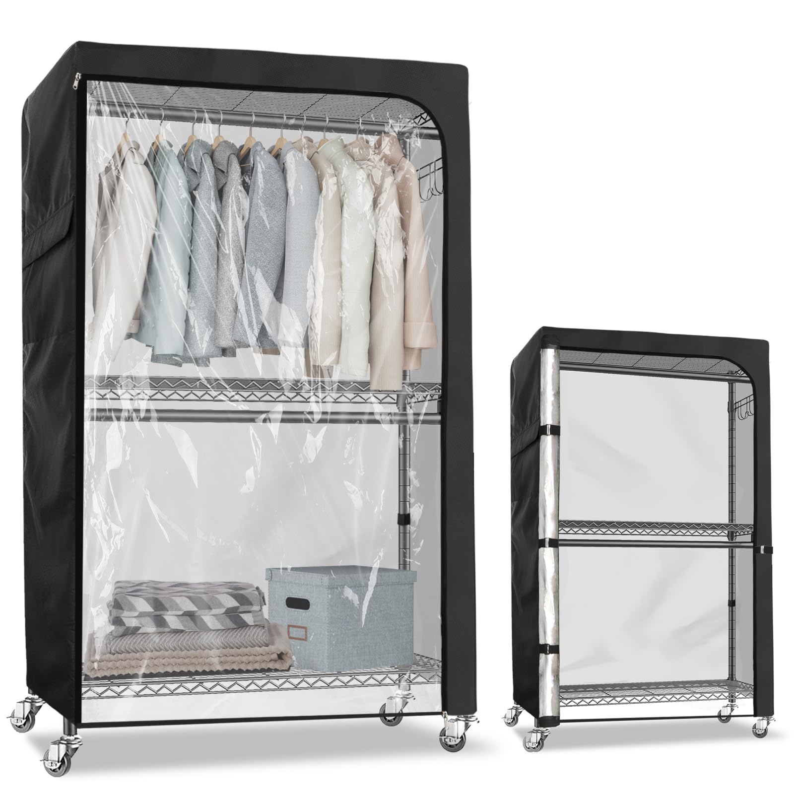 Rileytee Clothes Rack Cover,600D Heavy Duty Waterproof Clothing Racks Cover,Garment Rack Cover for Rolling Wardrobe Storage Rack with Zipper(Clear Front,45"W X 17.7"DX 80.3"H,Cover Only)