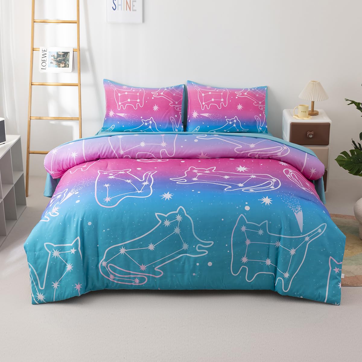 Podol 5 Pieces Gradient Cat Glitter Bedding Set for Girl Pink Blue Ombre Comforter Set Full Size Ultra Soft Bed in A Bag with 1 Comforter, 2 Pillowcases, 1 Flat Sheet, 1 Fitted Sheet