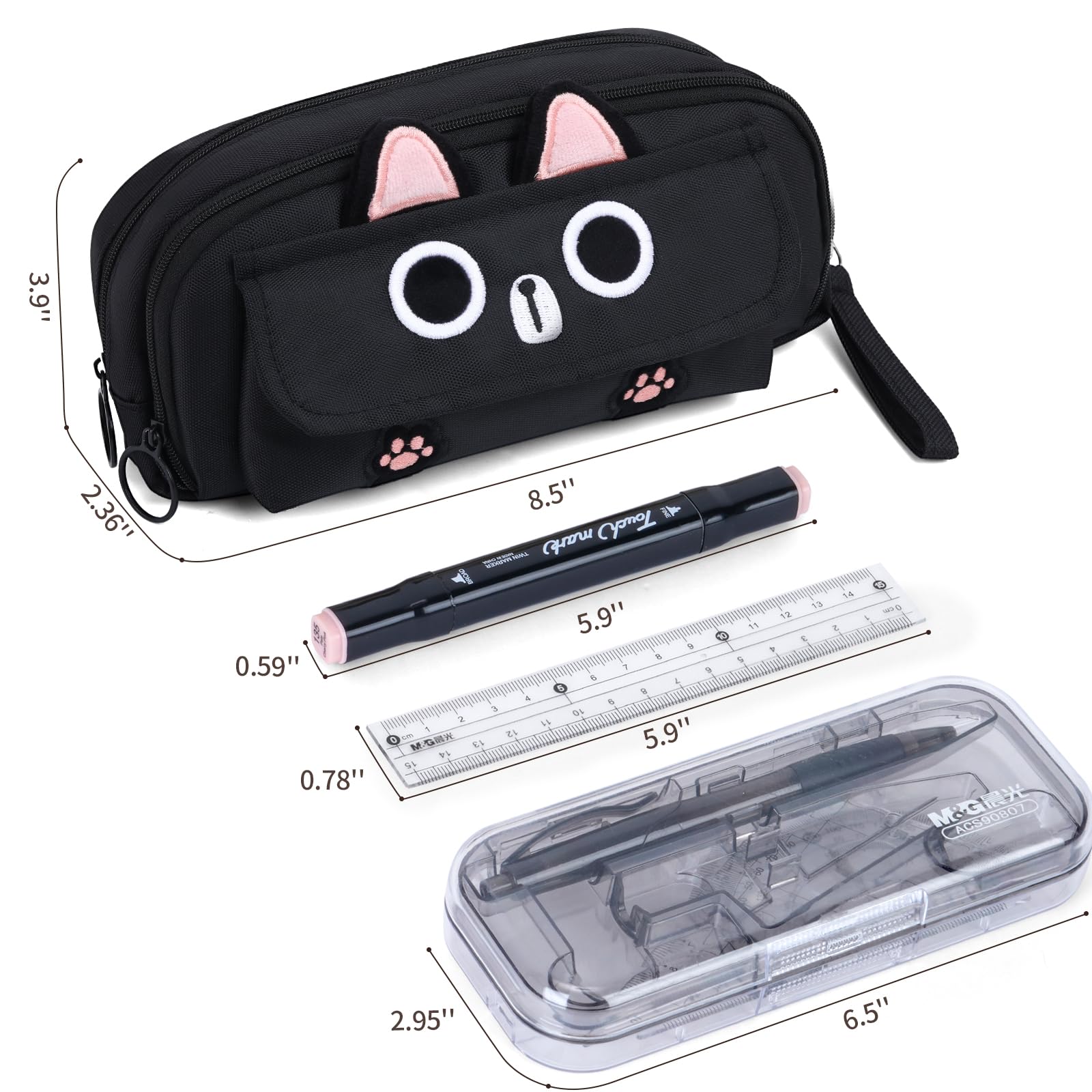 MELLIFLURORA Pencil Case, Large Capacity Pencil Pouch Aesthetic,3D Cat Pen Bags,Office Stationery Organizer,Cute Pencil Box for Teens Girls Boys Student (Black)