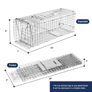 Animal Trap Cage, 24 Inch Live Traps for Raccoons Heavy Duty, Cat Trap for Stray Cats, Squirrels, Raccoon, Rabbits, Possum, Skunk, Outdoor Small Animal Trap, Humane Catch & Release, Foldable