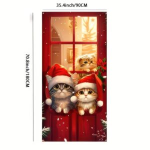 Merry Christmas Door Cover Cute Cat Printed Hanging Door Banner with White Rope Christmas Photo Booth Background Props for Winter Party Holiday Xmas Eve Porch House 71 x 35 Inches