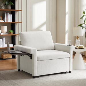 ONBRILL Convertible Sleeper Chair, 3-in-1 Pull Out Sofa Bed Couch with Adjustable Backrest, Chenille Sleeper Sofa Chair Bed with Hidden Table & 2 Charging Ports, White Small Couches for Living Room