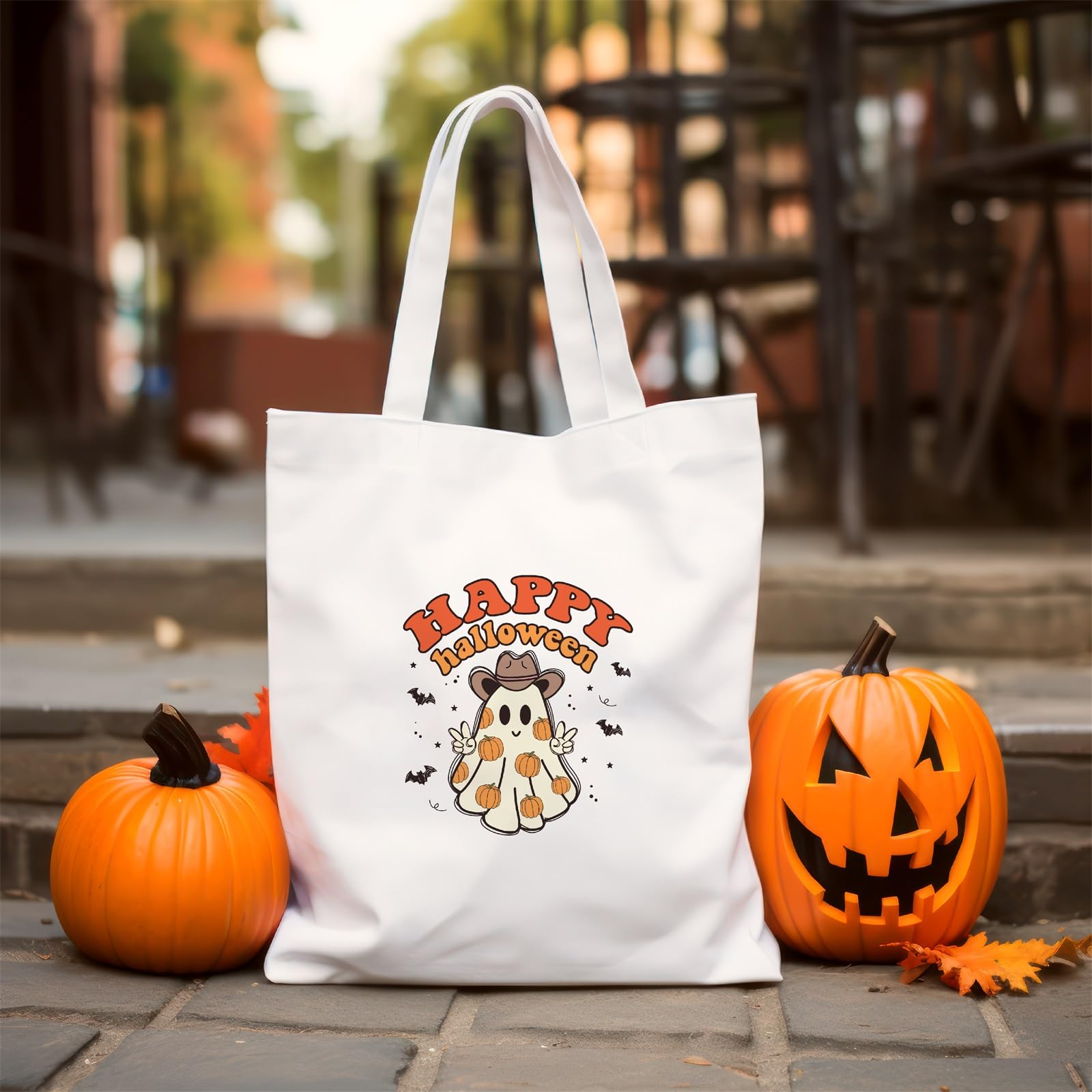 Kazova Halloween Canvas Tote Bag Aesthetic Cute Ghost Tote Bag Funny Cotton Canvas Tote Bag Halloween Shoulder Bag For Women Reusable Grocery Bag Shopping Beach Bag