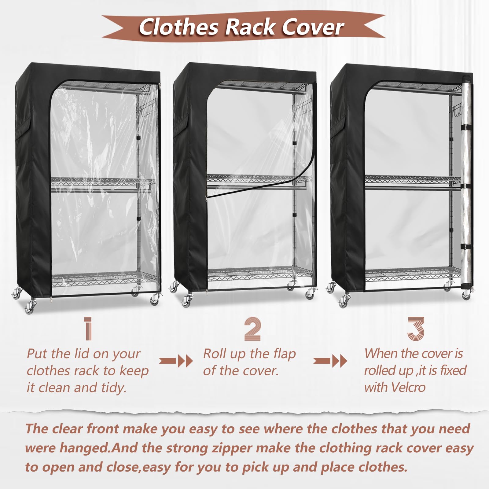 Rileytee Clothes Rack Cover,600D Heavy Duty Waterproof Clothing Racks Cover,Garment Rack Cover for Rolling Wardrobe Storage Rack with Zipper(Clear Front,45"W X 17.7"DX 80.3"H,Cover Only)