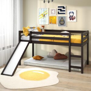 IFANNY Loft Bed with Slide, Solid Wood Low Loft Bed Twin Size with Storage and Ladder, Wooden Bedframe with Safety Guardrails, Twin Loft Bed for Kids Boys Girls Teens, No Box Spring Needed (Espresso)