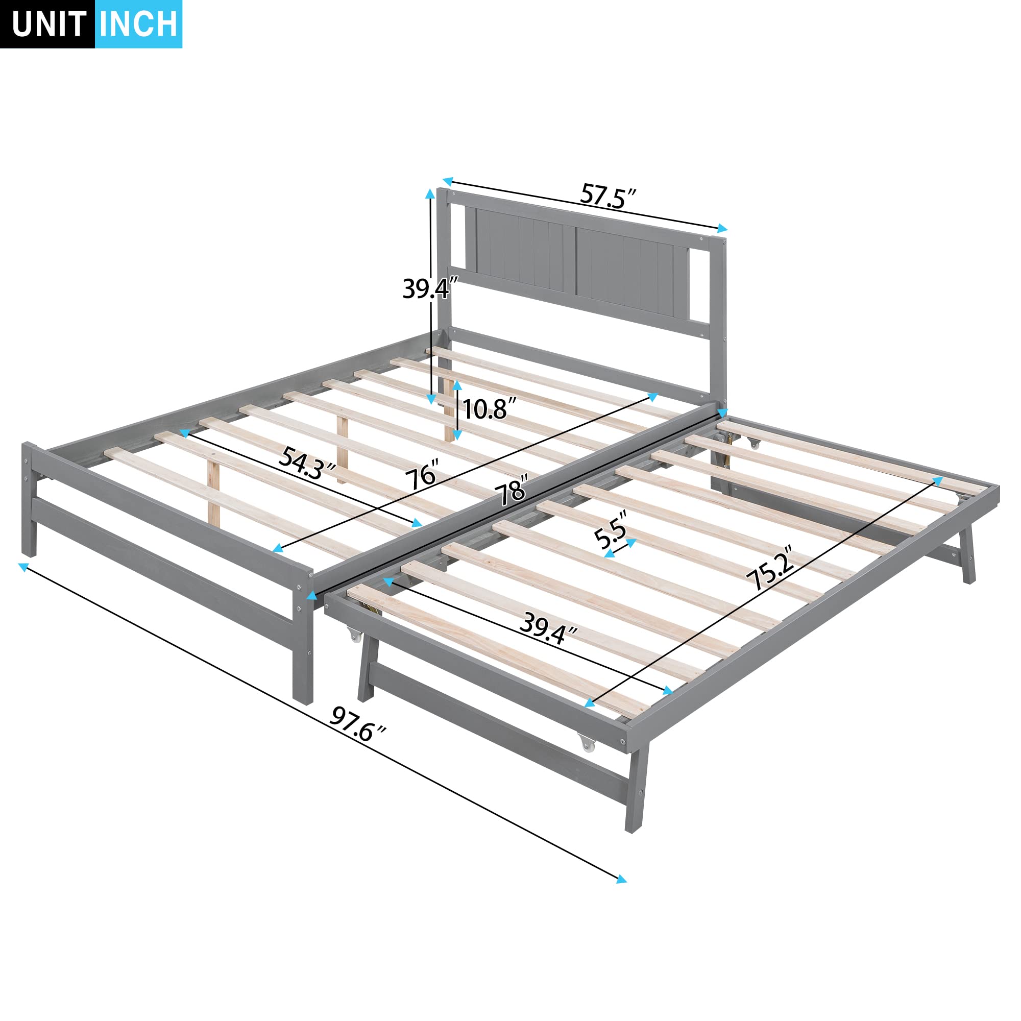 MERITLINE Full Size Bed Frame with Headboard,Wood Full Bed with Adjustable Trundle Bed, Extendable Bed Frame to 2 Beds for Kids Teens Adults (Full, Grey)