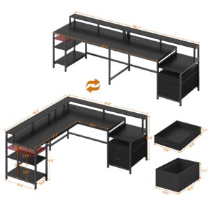 YOMILUVE L Shaped Desk with File Drawer and Storage Shelves, Reversible Computer Desk with Power Outlet for Home Office, Corner Gaming Desk with Full Monitor Stand