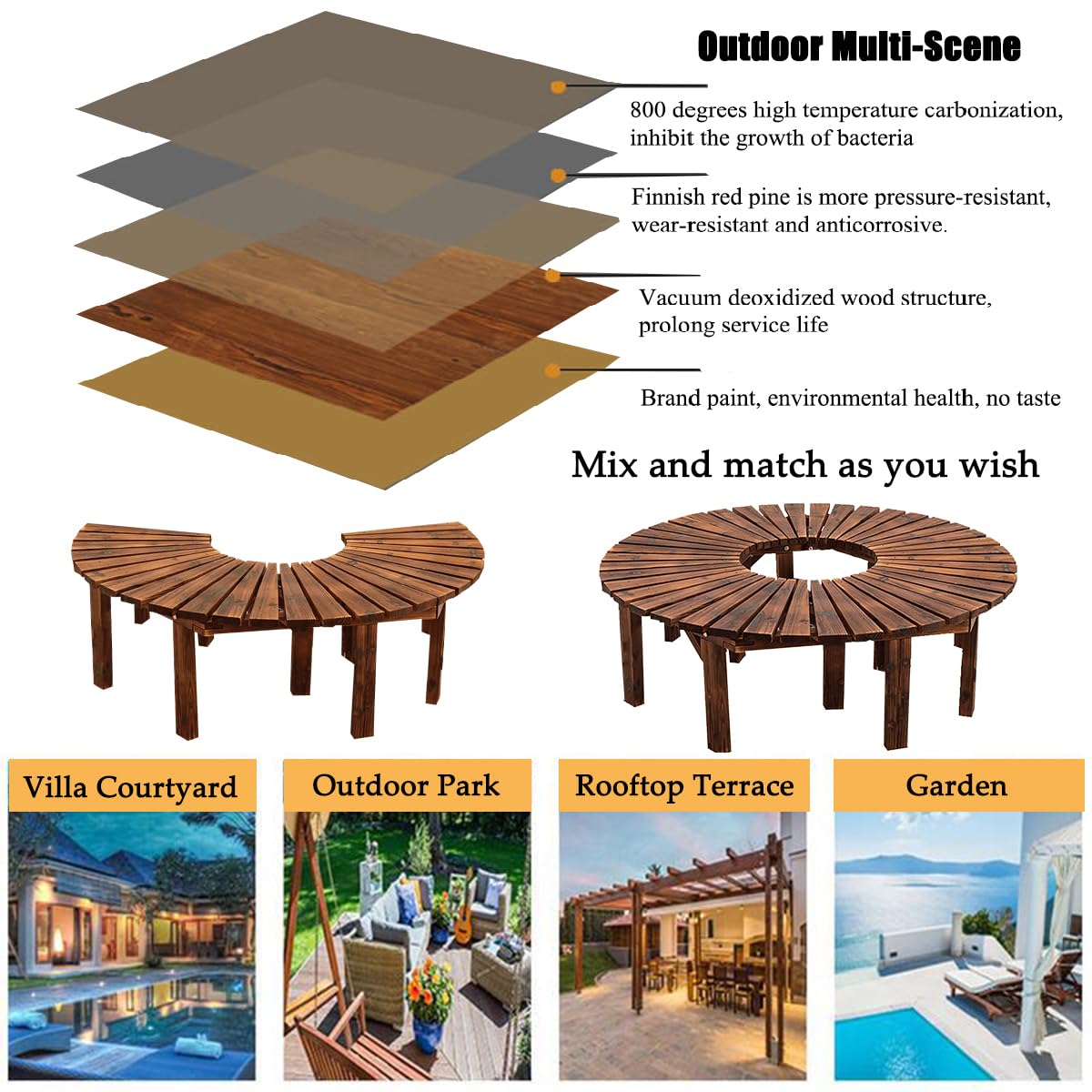 Tree Bench Wrap Around, Outdoor Surround Backless Curved Bench, Wooden Semi Circle Benches for Garden, Balcony, Poolside, Front Porch, Courtyard, Park (2pcs)